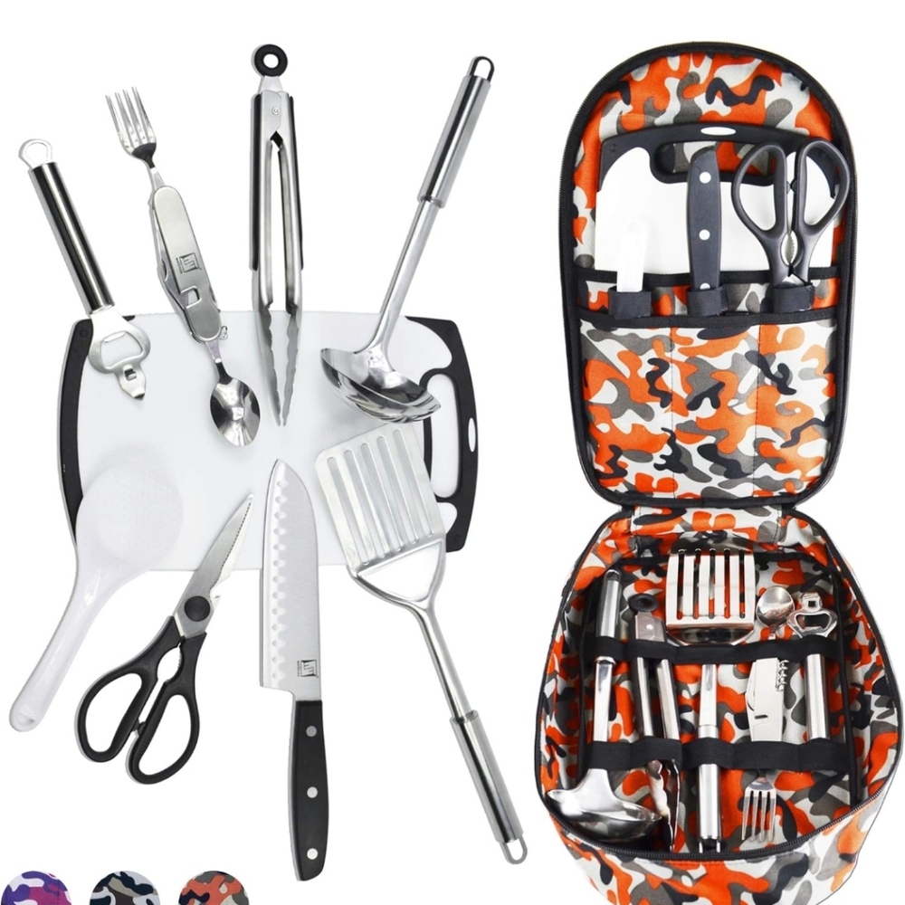 Wellmax Camping Grill Utensil Set w/bag, cutting board, knife, spatula, tongs